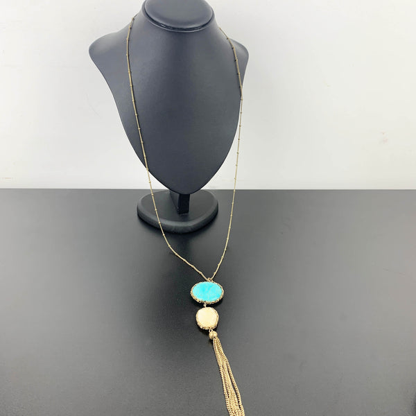 Vintage turquoise and cream stone long tassel necklace