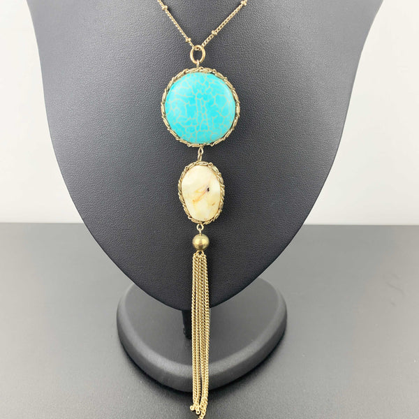 Vintage turquoise and cream stone long tassel necklace