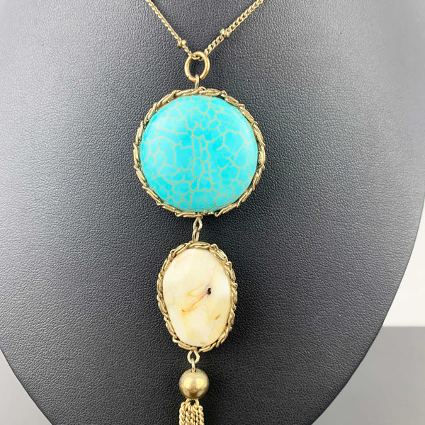 Vintage turquoise and cream stone long tassel necklace