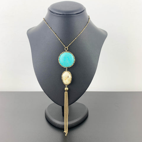 Vintage turquoise and cream stone long tassel necklace