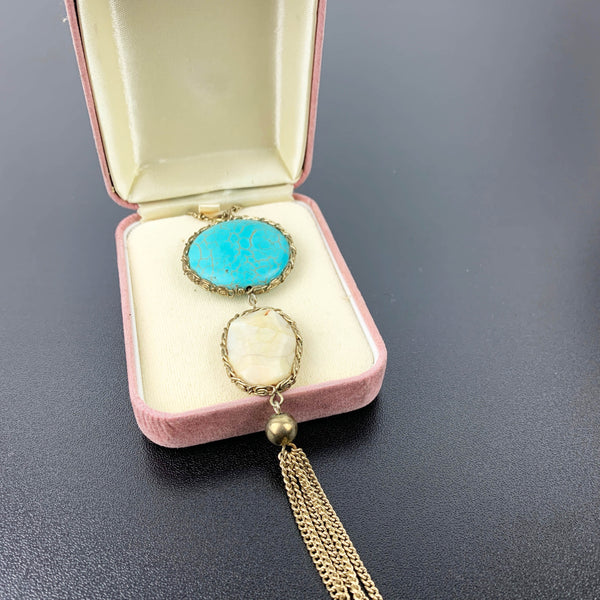 Vintage turquoise and cream stone long tassel necklace
