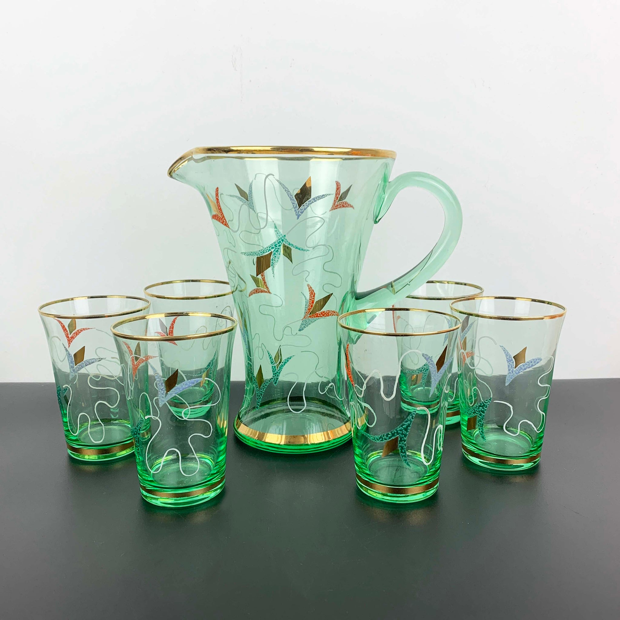 Uranium glass art nouveau drinkware set – Feature Furniture Vintage