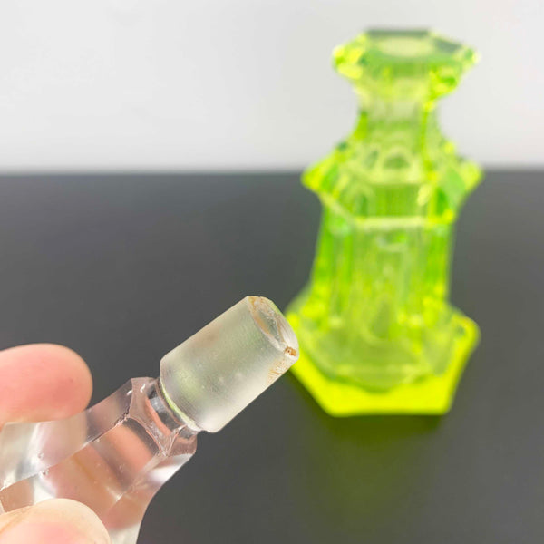 Art deco style uranium glass perfume bottle with clear stopper