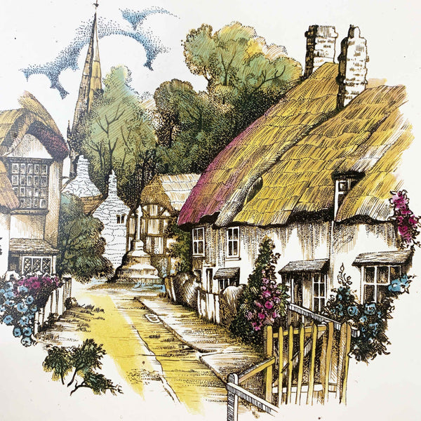 Thatched cottage village scene tile trivet with cork surround