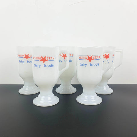 Opal glass footed promotional coffee mugs Western Star Dairy - Set of 5