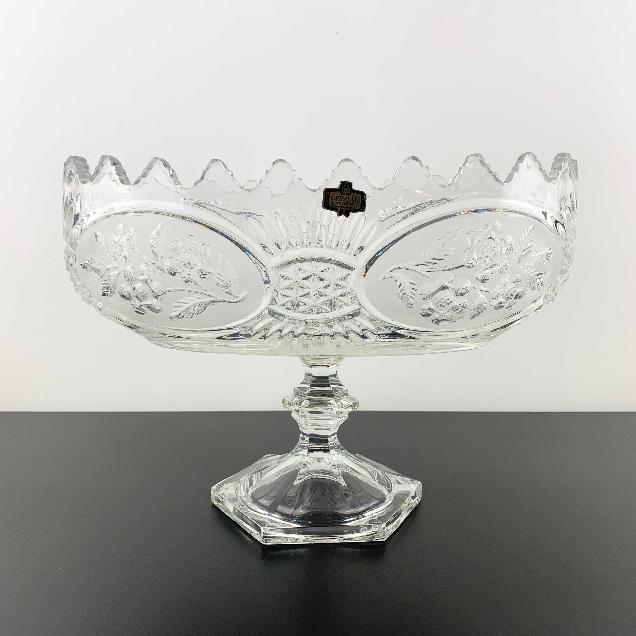 Zajecar Crystal large oval pedestal bowl with floral panel detail