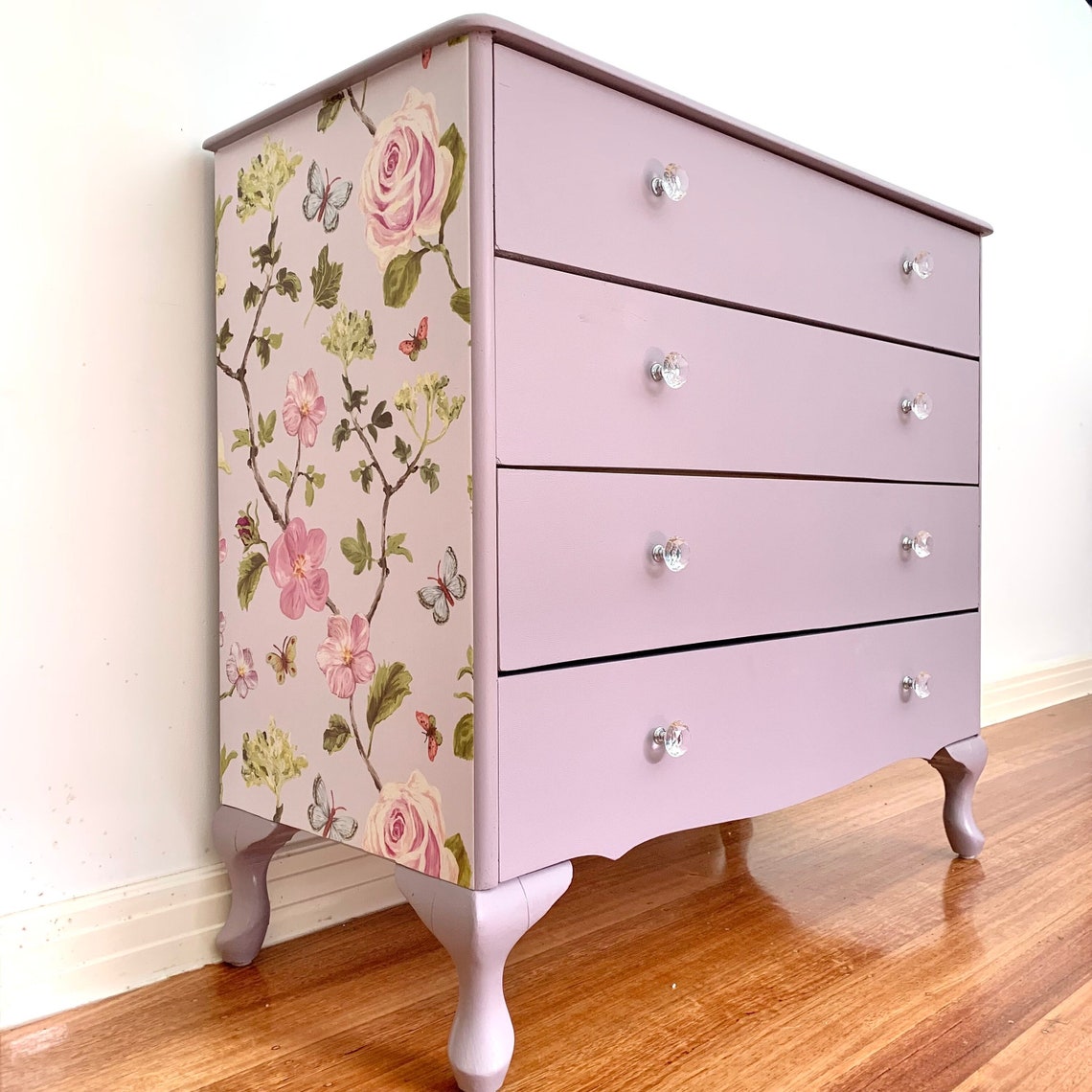 Lilac upcycled chest of drawers with floral side detail